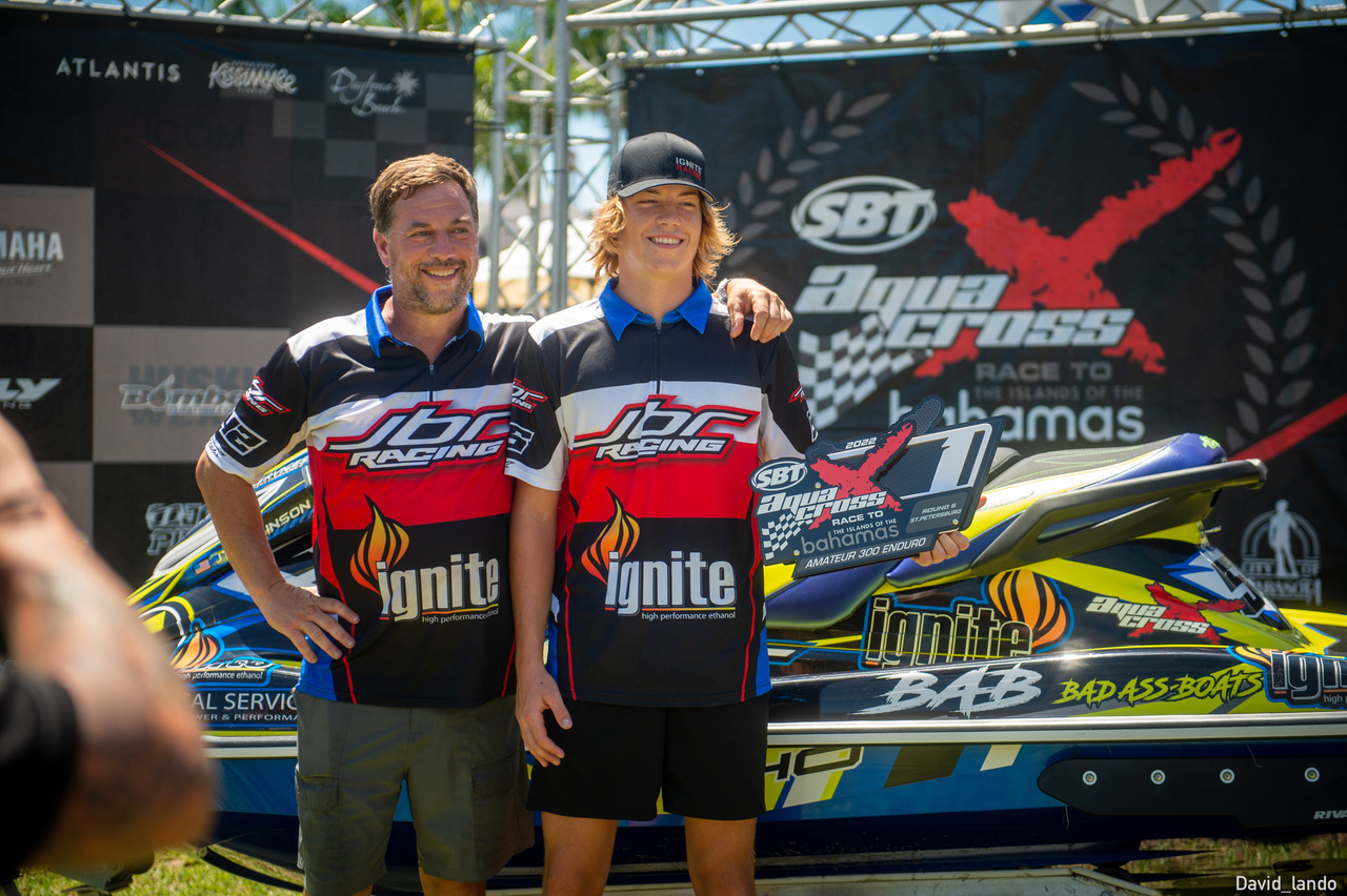 Jay Finlinson 2022 P1 AquaX 300 AM Champion with his father, Bryan - Photo credit David Landro