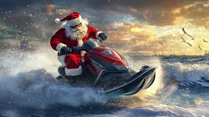 Santa Claus riding a jet ski through the water with a sunset in the background.